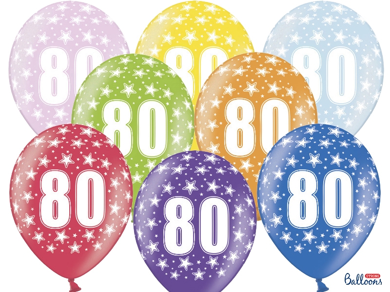 Balony 80th Birthday, Metallic Mix, 30 cm - 5 szt.