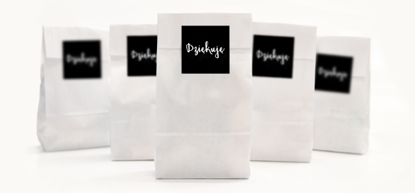 Akcesoria - Torebki papierowe białe dziękuję czarne, 5 szt