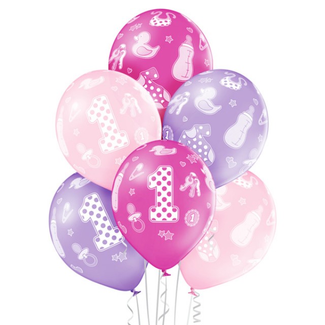 Akcesoria - Zestaw balonów na 1 urodziny dziewczynki - 6 szt.