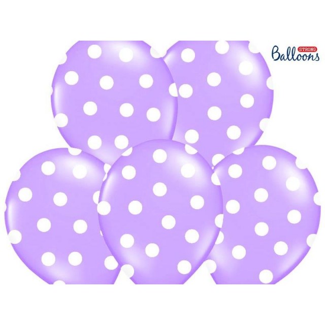 Akcesoria - Balony fioletowe w białe kropki Pastel Lavender Blue, 30 cm - 5 szt.