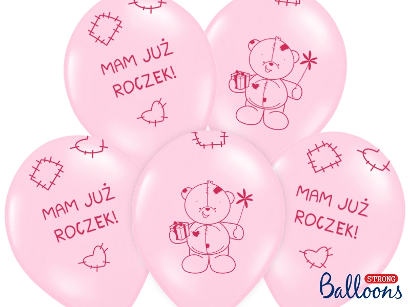 Akcesoria - Balony na roczek MIŚ MAM JUŻ ROCZEK 5szt Różowe