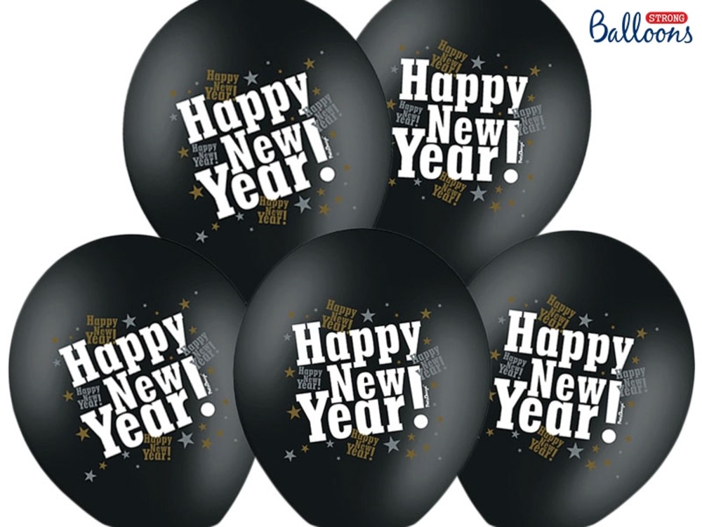 Akcesoria - Balony czarne Happy New Year, 30 cm - 5 szt.
