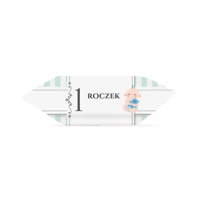 Krówki - Chłopiec z misiem na zielono-białych paskach