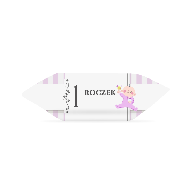 Krówki - Dziewczynka z grzechotką na różowo-białych paskach