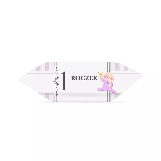 Krówki - Dziewczynka z grzechotką na różowo-białych paskach